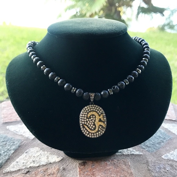 Om sign necklace . Genuine black Lava rock hematite rodhium cz medal boho choker - Picture 4 of 14